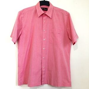 Men's Pink Red plaid button up short sleeve causal shirt